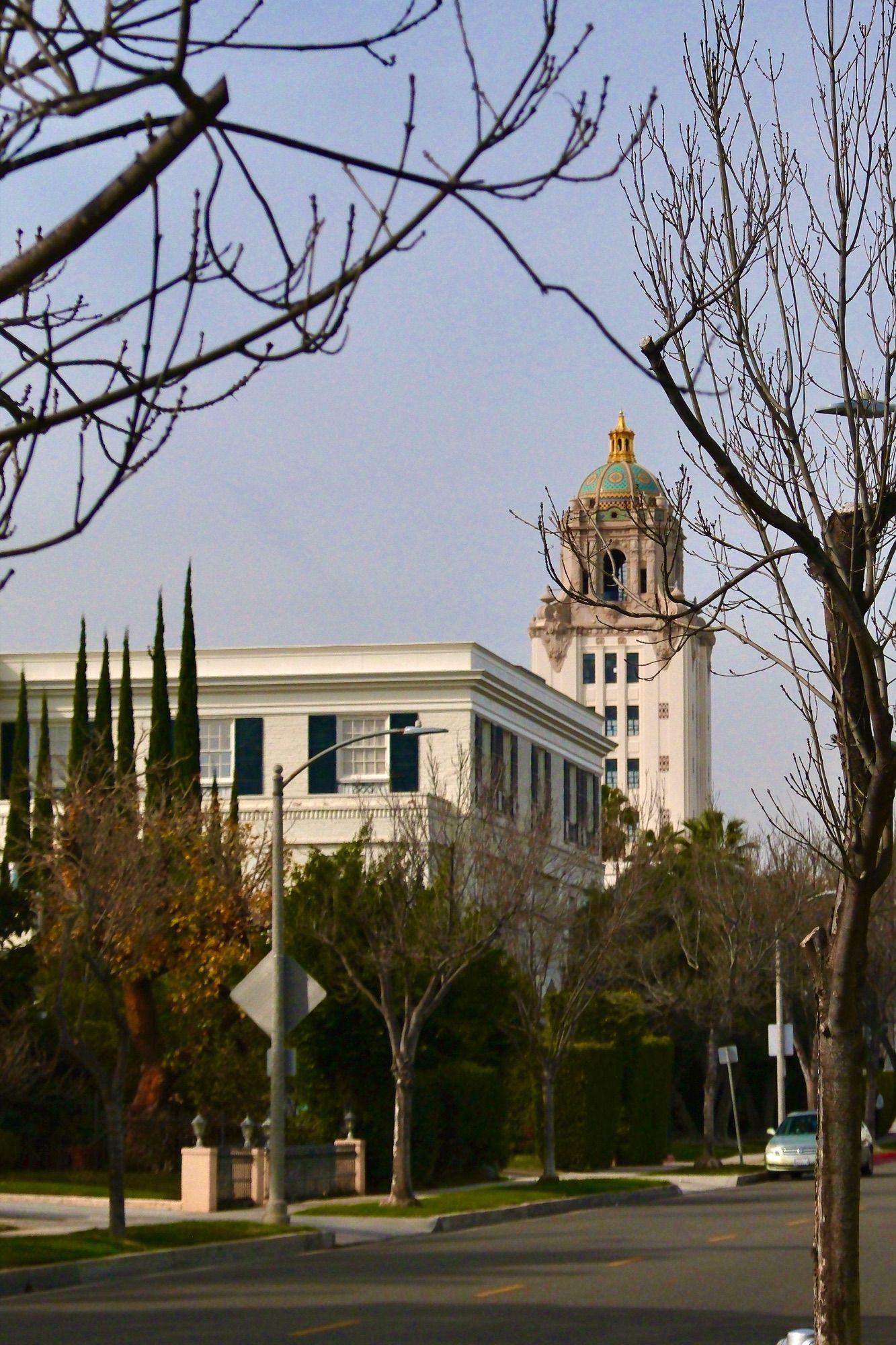 Beverly Hills City Hall and its tower among trees