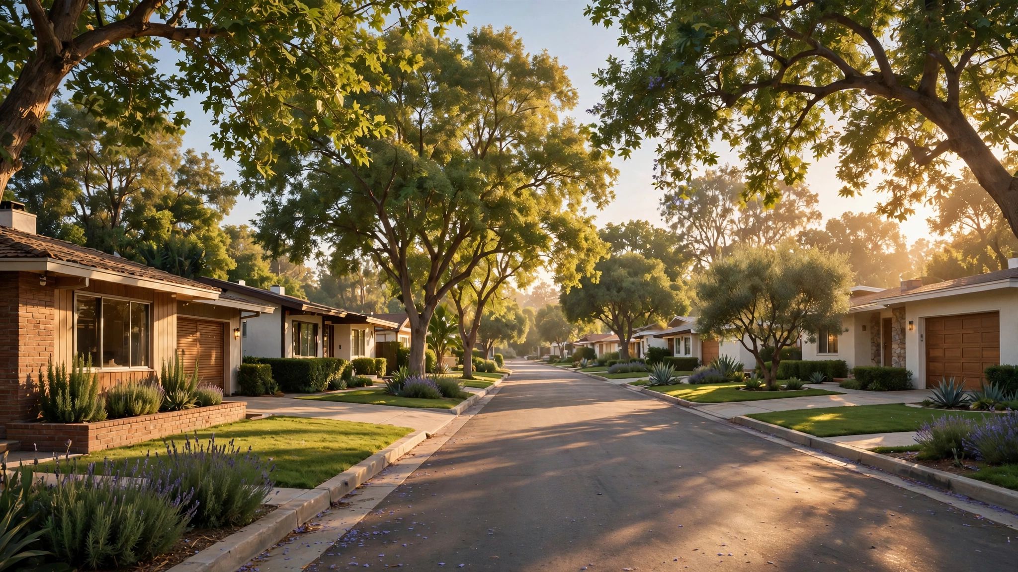 A tree-lined Beverlywood street at golden hour, an illustration