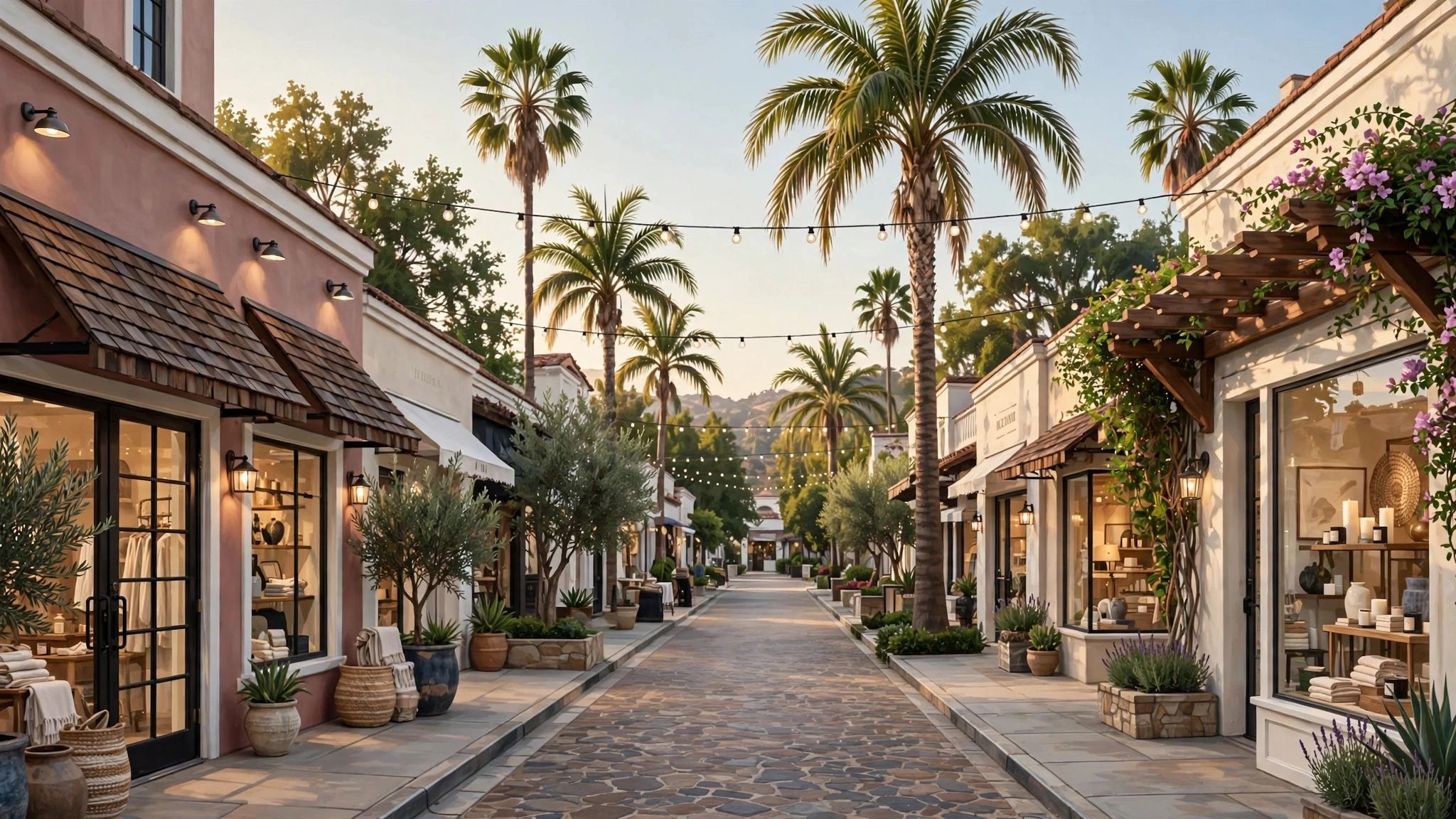 A Brentwood shopping street at dusk, an illustration