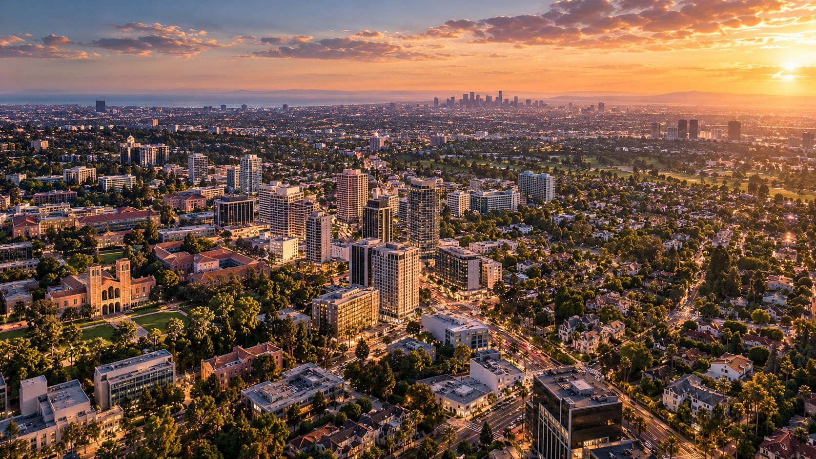 Westwood and the Wilshire corridor from above at golden hour, an illustration