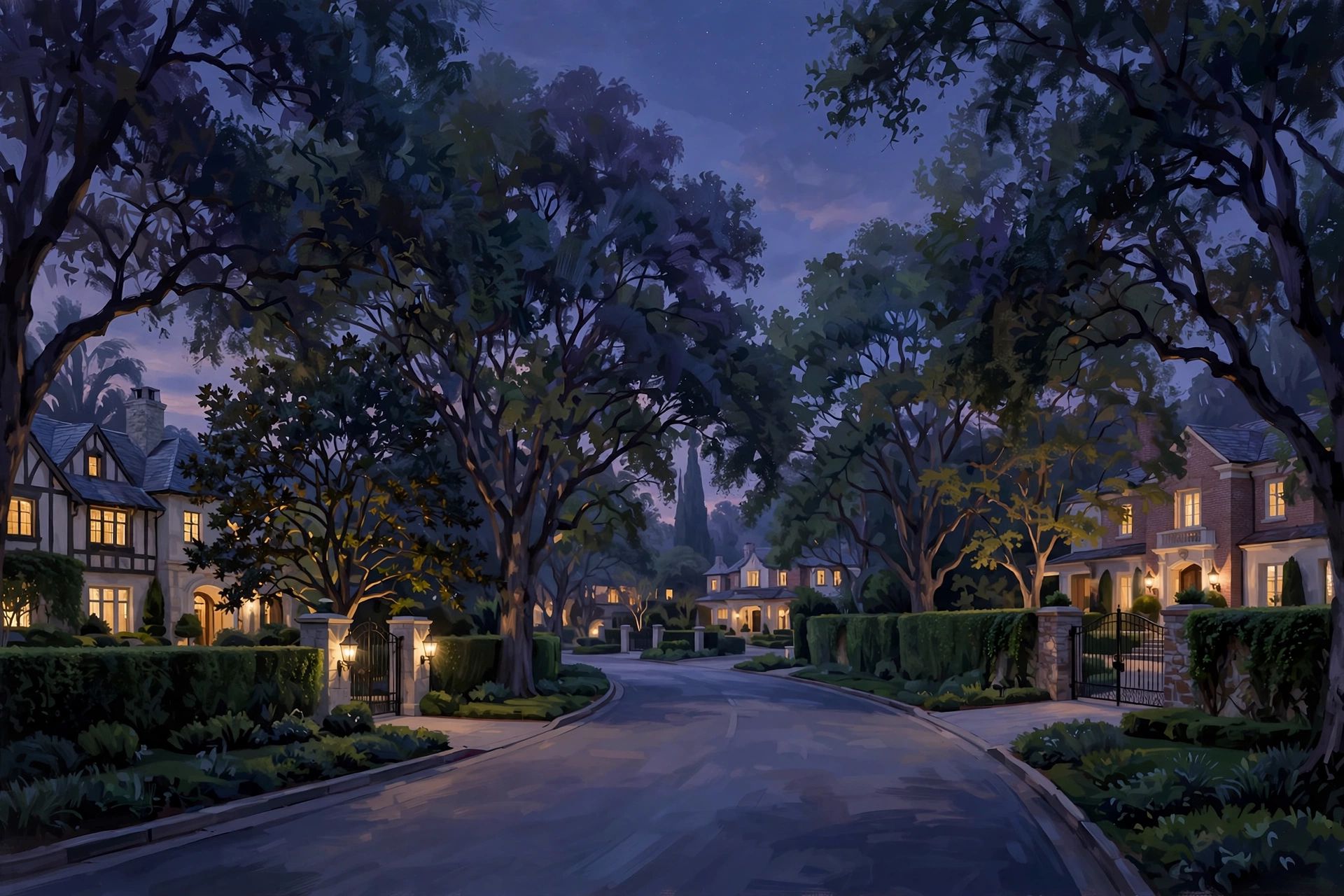 A tree-lined Little Holmby street at dusk, an illustration