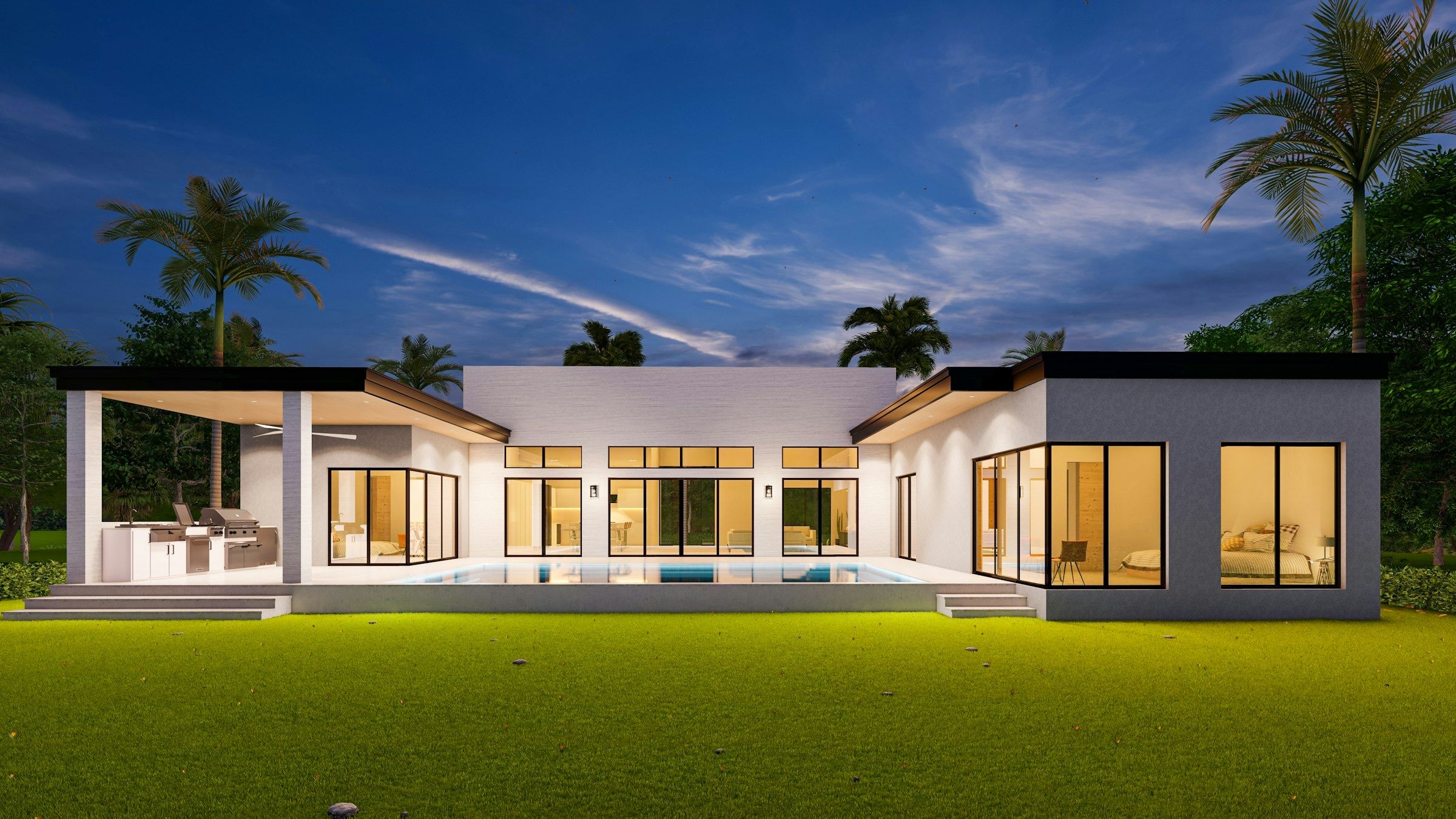 A new single-storey house of glass opening to its pool at dusk