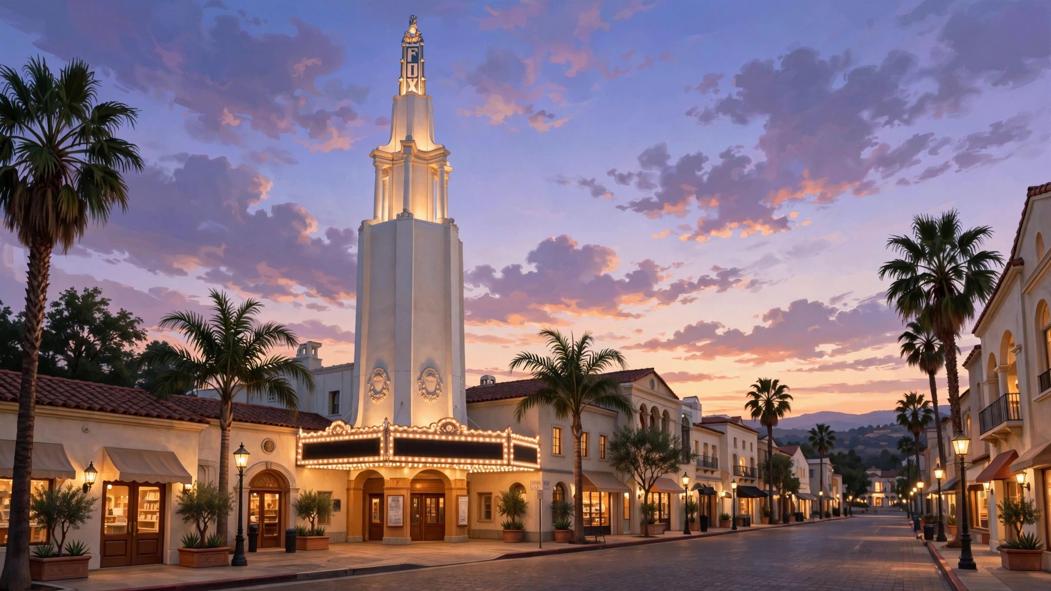 Westwood Village at dusk with the Fox Theatre tower, an illustration